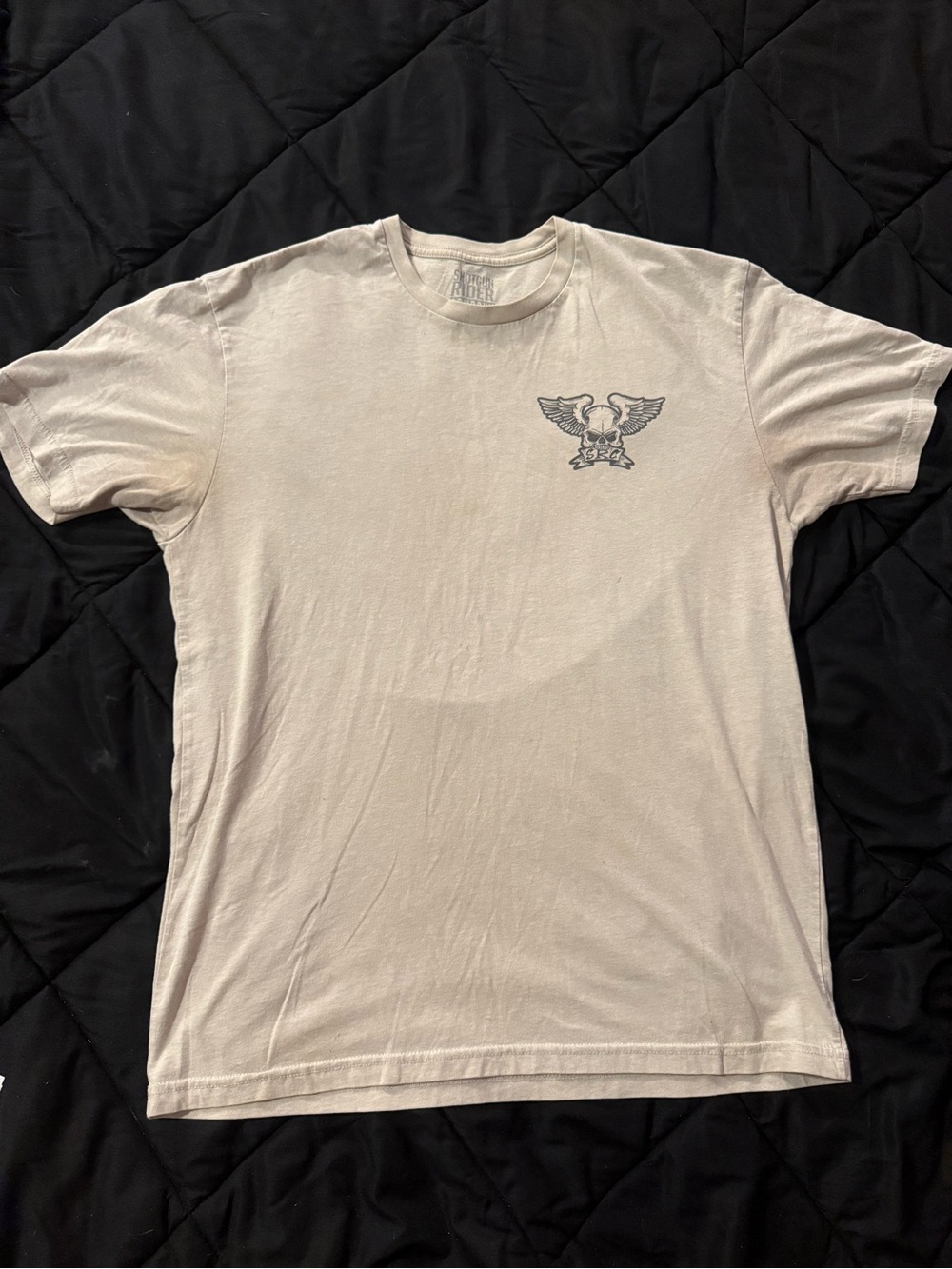 {SHOTGUN RIDER} Men's Cream Graphic Crew Neck T-Shirt with Winged Skull Design